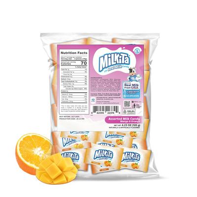 Milkita Creamy Shake Candy Bag, Gluten Free Chewy Candies with Calcium &amp; Real Milk, Zero Trans Fat, Low-Sugar, Juicy Flavors (Mango and Orange)