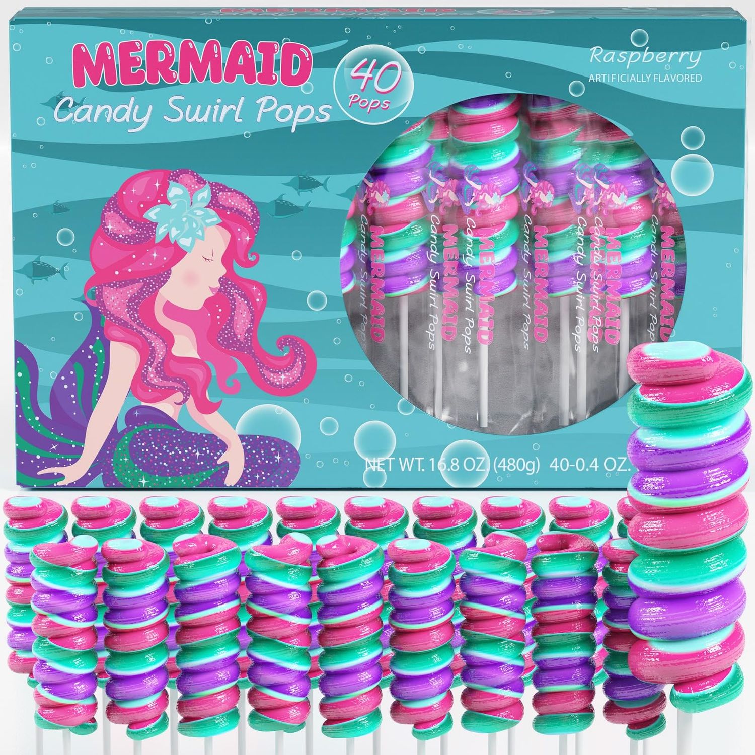 Mermaid Lollipops 40pk- Swirl Lollipops Mermaid Candy For Little Mermaid Party Favors &amp; Mermaid Party Supplies - Mermaid Suckers, Mermaid Snacks &amp; Mermaid Treats
