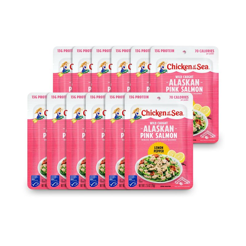 Chicken of the Sea Alaskan Pink Salmon, 2.5 Ounce Packets (Box of 12), Wild Caught Salmon, Lemon Pepper