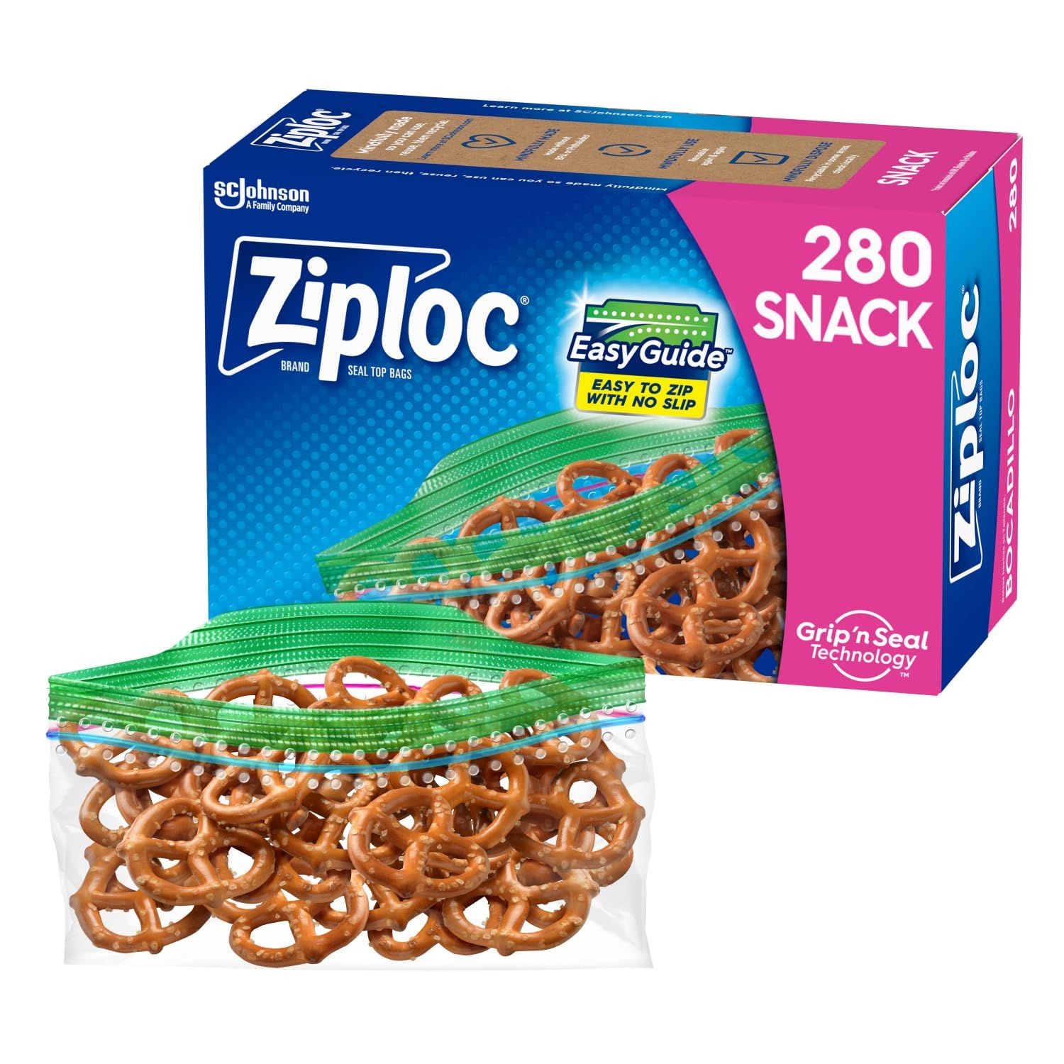 Ziploc Snack Bags with EasyGuide Texture, Small Plastic Storage Bags with Grip &#39;N Seal Technology, 280 Bags Total