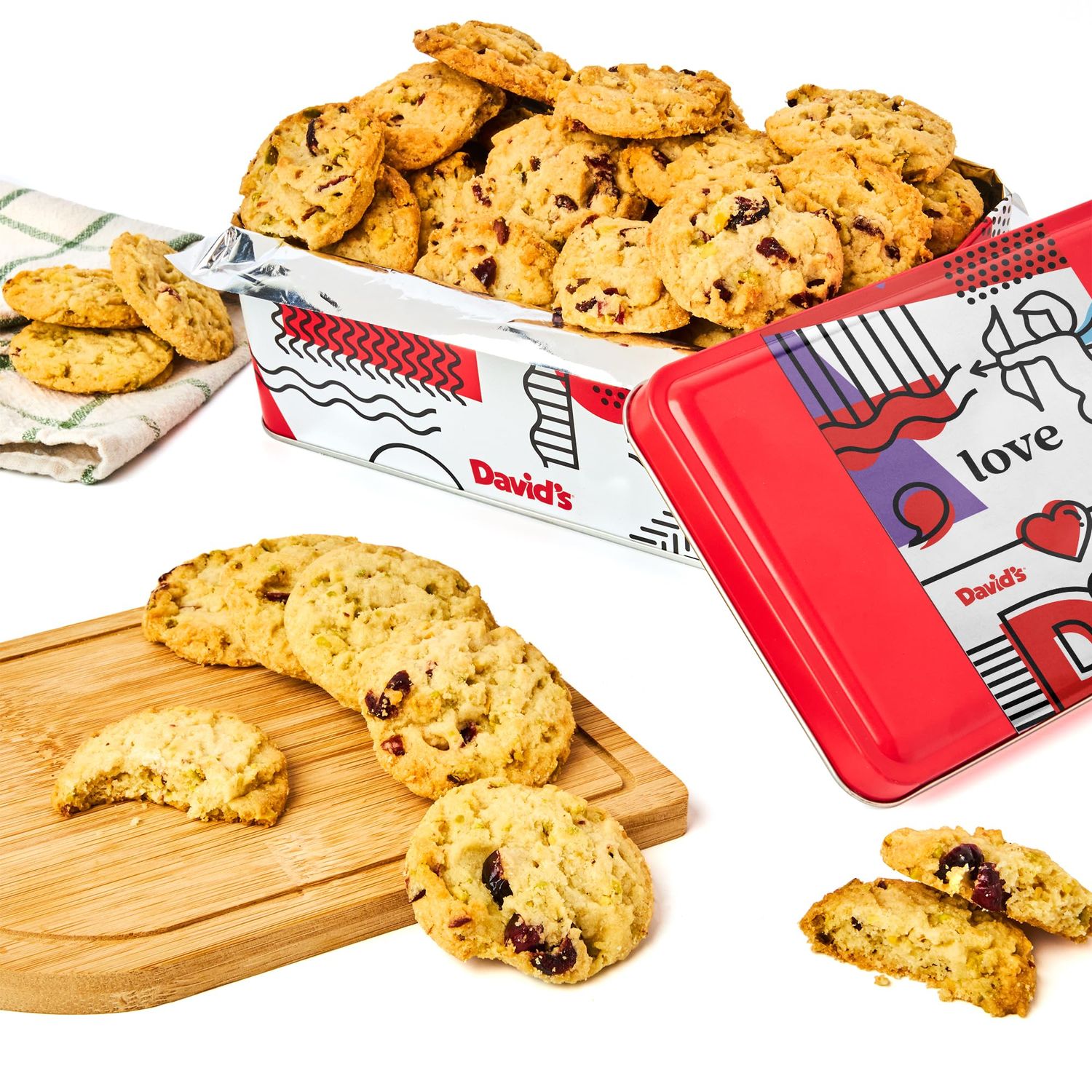 David&#39;s Cookies Cranberry Pistachio Biscuits Sweet Sampler in Love Tin - 9.3oz Irresistible Crunch, Snacks &amp; Bakery Treats - Ideal for Snacking &amp; Gifting - Delicious Gourmet Gift For All Occasions