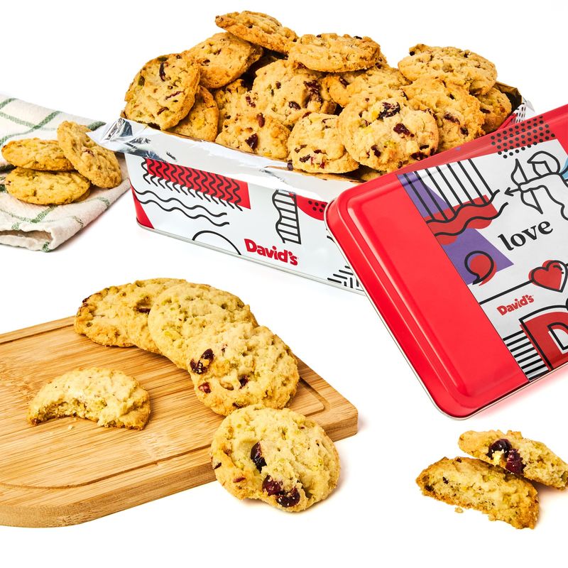 David's Cookies Cranberry Pistachio Biscuits Sweet Sampler in Love Tin - 9.3oz Irresistible Crunch, Snacks &amp; Bakery Treats - Ideal for Snacking &amp; Gifting - Delicious Gourmet Gift For All Occasions