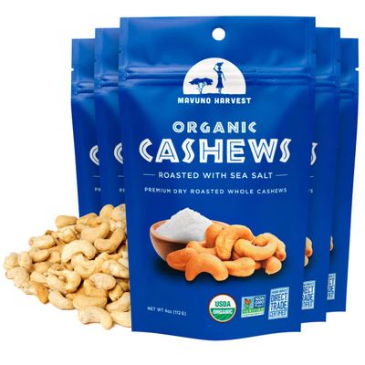 Mavuno Harvest Organic Roasted Cashews with Sea Salt | Dry Roasted Whole Cashew Nuts | Vegan, Non GMO Healthy Snacks for Kids and Adults | Office Friendly Work Snack | 4 Ounce, Pack of 6