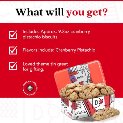 David's Cookies Cranberry Pistachio Biscuits Sweet Sampler in Love Tin - 9.3oz Irresistible Crunch, Snacks &amp; Bakery Treats - Ideal for Snacking &amp; Gifting - Delicious Gourmet Gift For All Occasions
