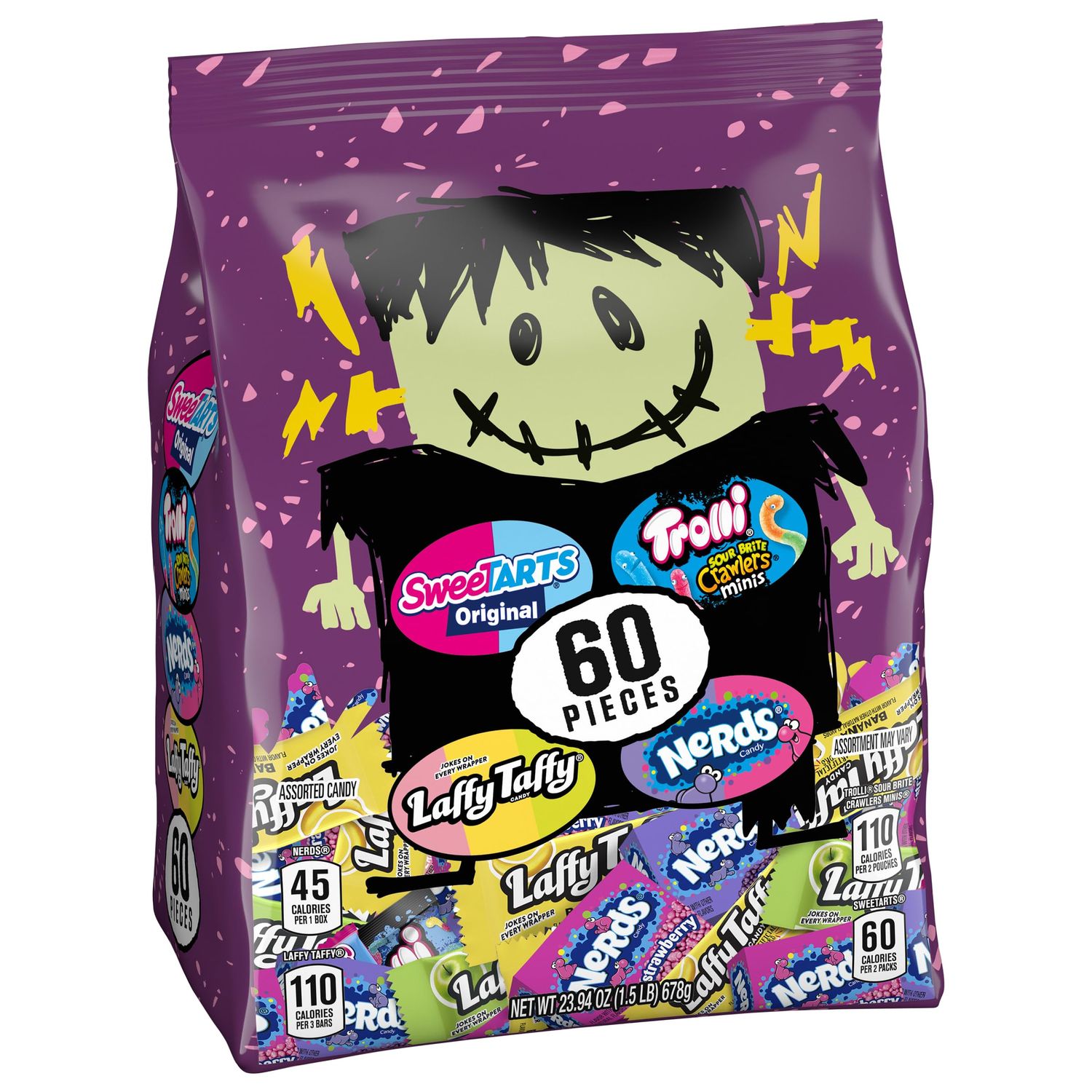 Franken Favorites Halloween Candy Variety Bag, SweeTARTS, Trolli, Laffy Taffy, Nerds, 60 Count