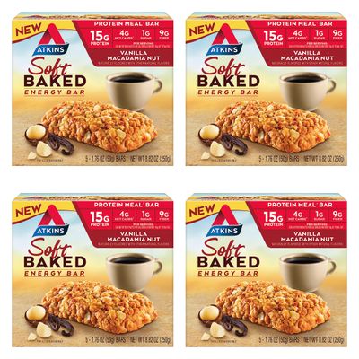 Atkins Soft Baked Energy Bars, Vanilla Macadamia Nut, 15g Protein, 1g Sugar, Excellent Source of Fiber, Low Carb, 4 Packs (5 Bars Each)