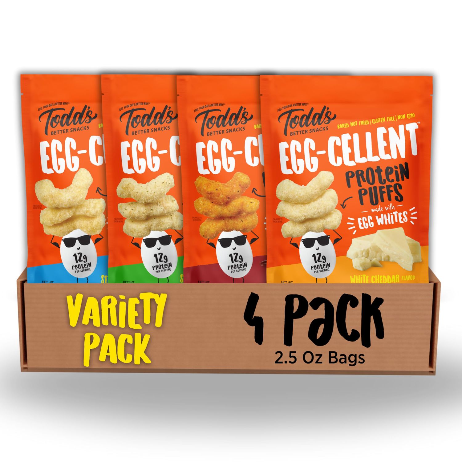 Todd&#39;s Better Snacks Egg-Cellent Protein Puffs, Variety Pack, 2.5 Oz (Pack of 4), Made with Egg Whites, 12g Protein, Gluten Free Healthy Snack