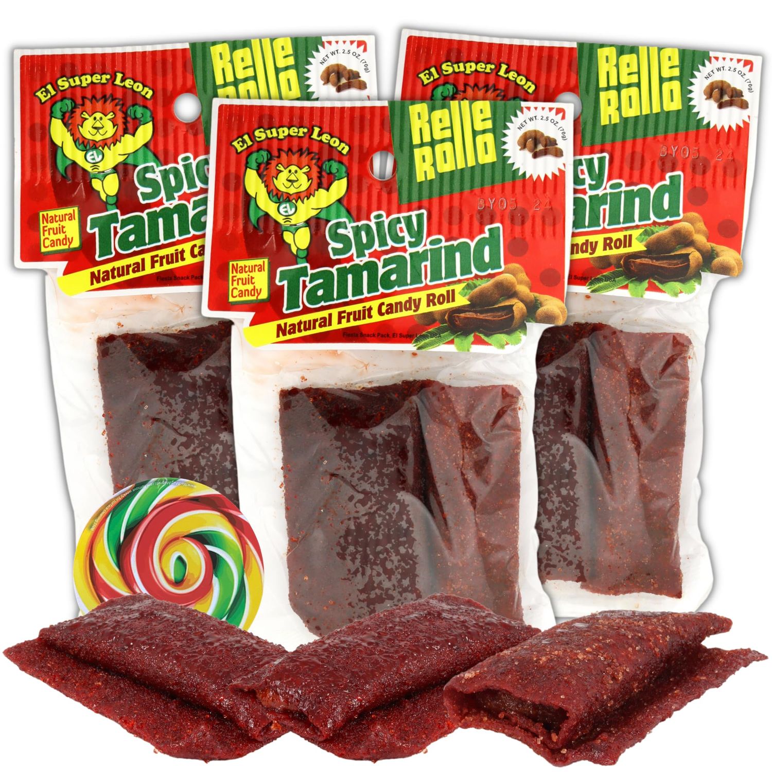 Spicy Tamarind Mexican Candy, Chili Gummy Roll Up Candies, Fiesta Party Favor Snacks, 2.5 Ounces (Pack of 3) Lollipop Swirl Sticker Included
