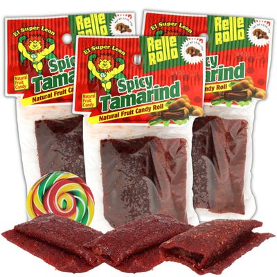 Spicy Tamarind Mexican Candy, Chili Gummy Roll Up Candies, Fiesta Party Favor Snacks, 2.5 Ounces (Pack of 3) Lollipop Swirl Sticker Included