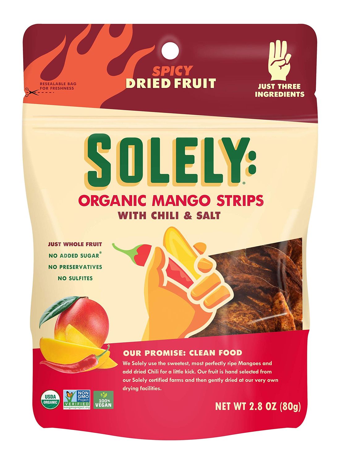 SOLELY - Organic Dried Mango Strips with Chili and Salt (2.8 oz Resealable Bags, Pack of 8) Real Fresh Fruit - Healthy Snacks for Adults &amp; Kids - Non GMO, Vegan Snacks, Shelf Stable - 8 Bags (22.4 oz)