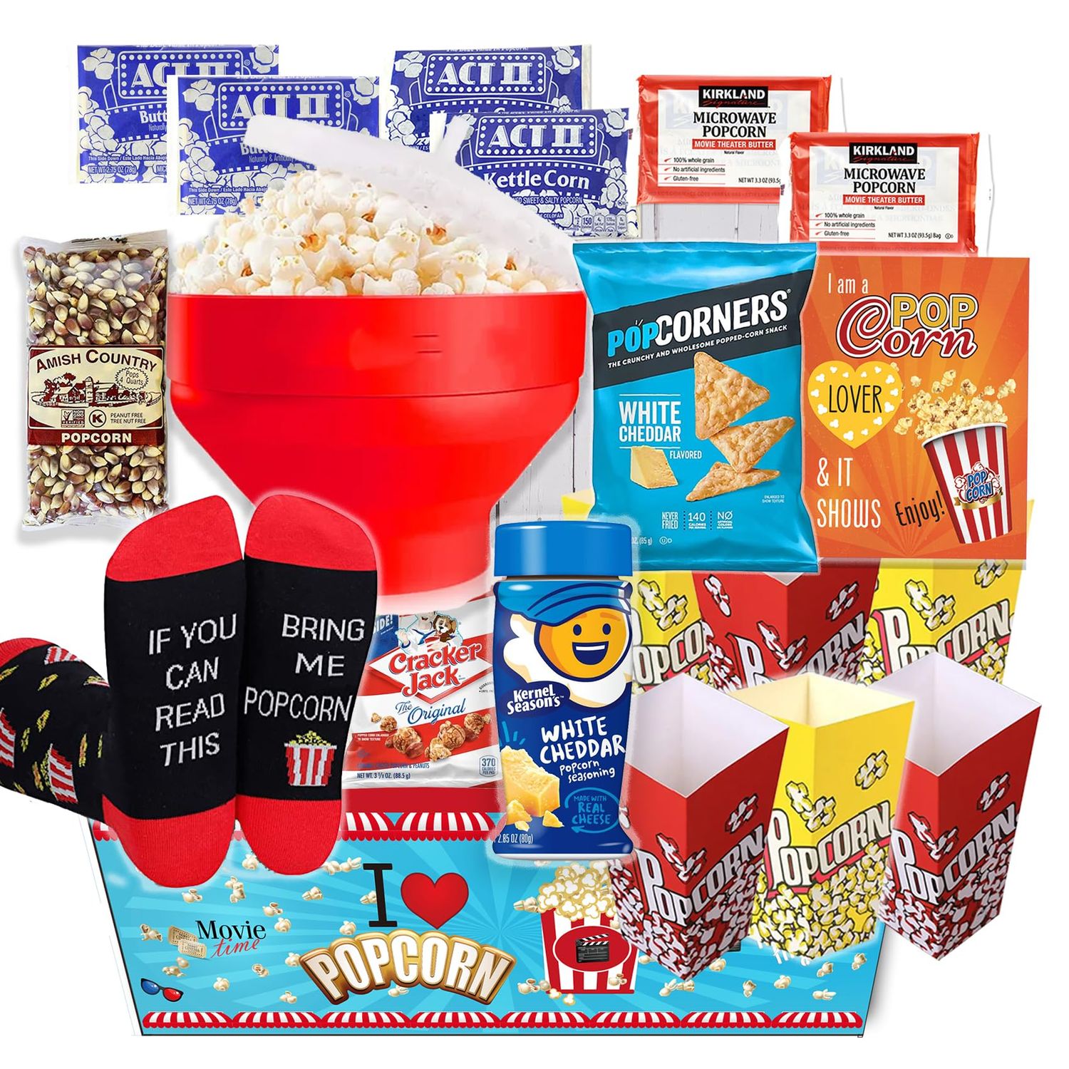 POPCORN LOVER Movie night Gift Basket care package - for family or Birthday gift snack variety or Popcorn seasoning, wHot Air Popcorn maker &amp; Funny socks, the Ultimate gift box