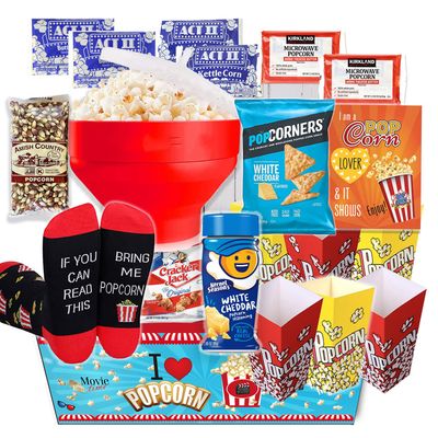 POPCORN LOVER Movie night Gift Basket care package - for family or Birthday gift snack variety or Popcorn seasoning, wHot Air Popcorn maker &amp; Funny socks, the Ultimate gift box
