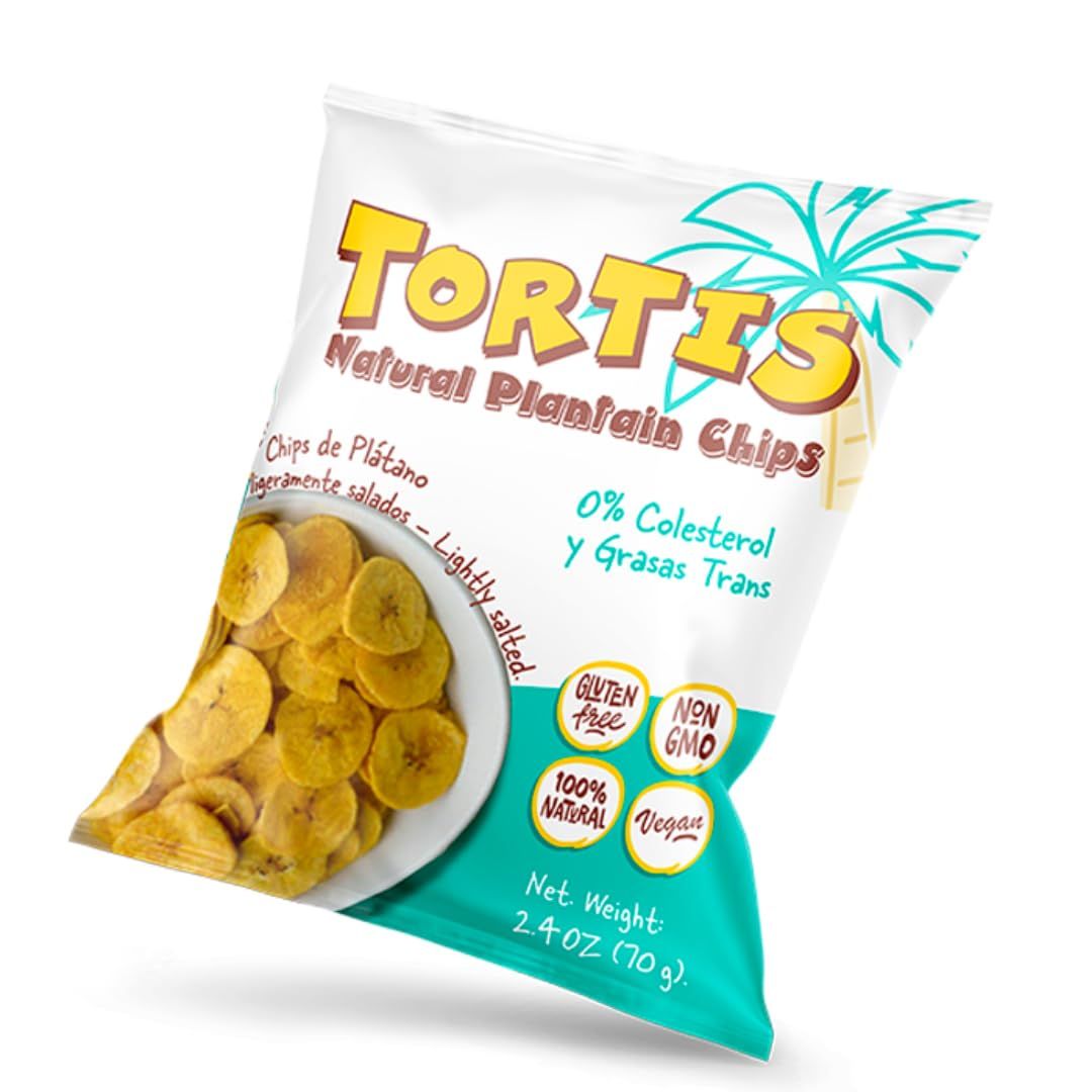 Tortis Plantain Chips, Healthy Snacks, 100% Natural, Non-GMO, Gluten Free, Banana Chips, Chifles, Plantain chips Box, 18 Pack, 2.4 Oz Bags (Salted)
