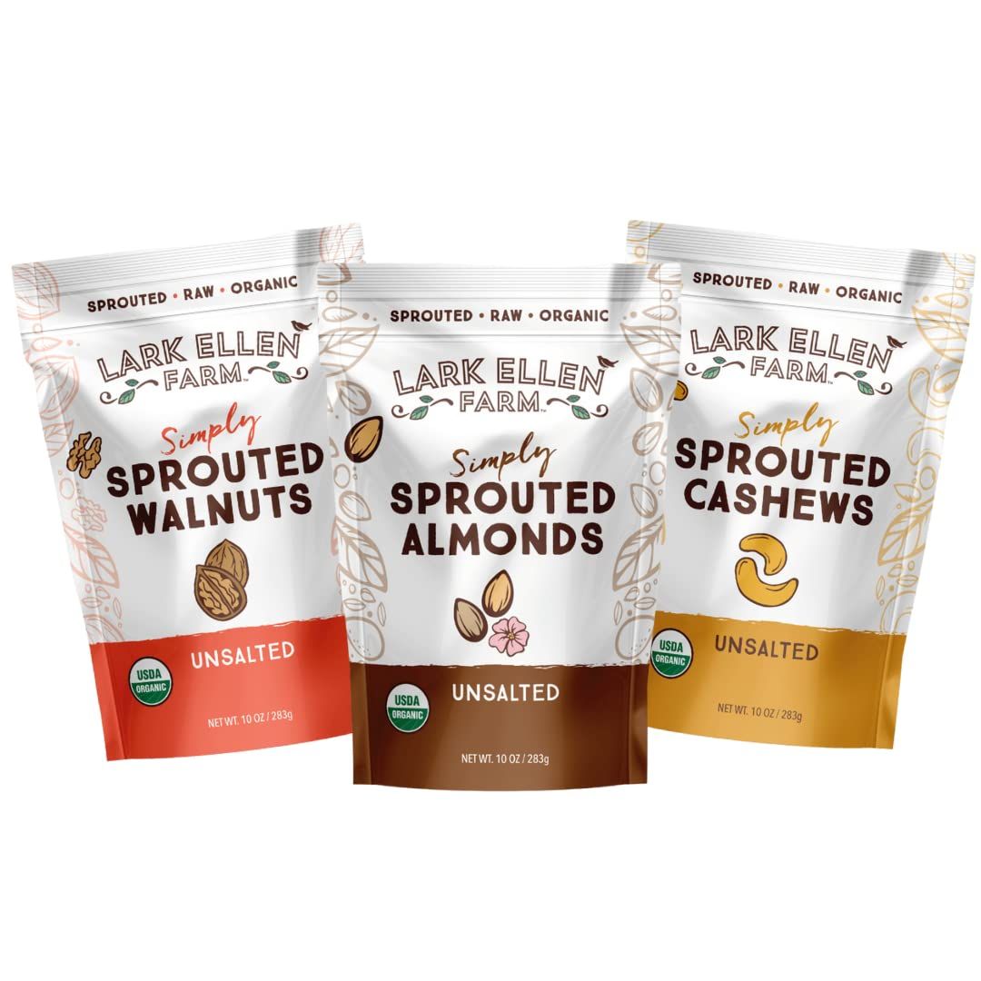 Lark Ellen Farm Variety Pack - Sprouted Raw Walnuts, Almonds &amp; Cashews Unsalted, Certified USDA Organic, Gluten-Free Nuts Make A Great Healthy Snack, Individual Whole Nuts 10 oz - 3 Pack