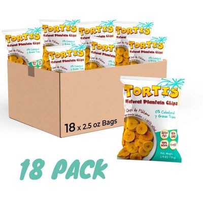 Tortis Plantain Chips, Healthy Snacks, 100% Natural, Non-GMO, Gluten Free, Banana Chips, Chifles, Plantain chips Box, 18 Pack, 2.4 Oz Bags (Salted)
