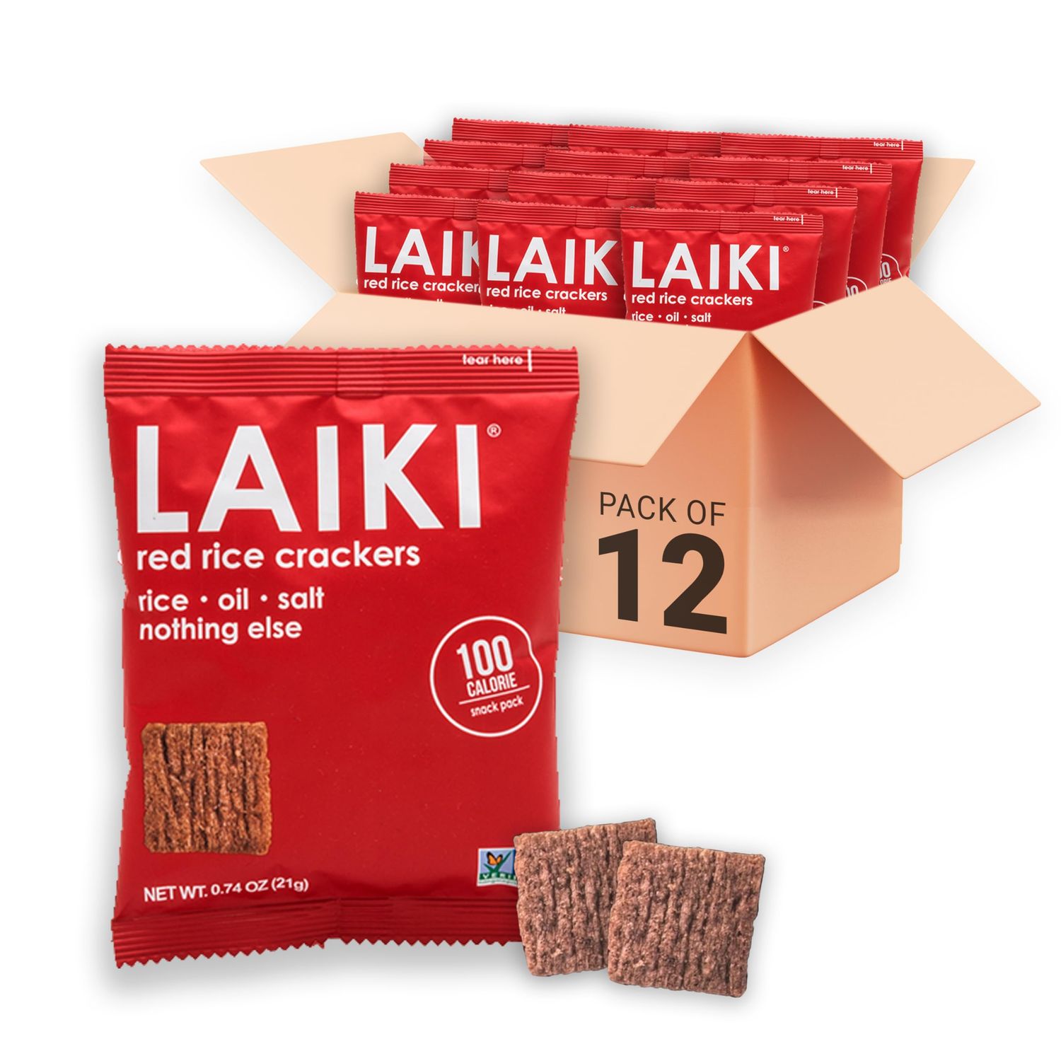 LAIKI Red Rice Crackers | Gluten-free Healthy Snack | Vegan Savoury Snack | NON-GMO Certified | Tasty Snack | Diabetic Friendly | 100% Wholegrain | Clean &amp; Vegan Certified | Party Snack | Pack of 12