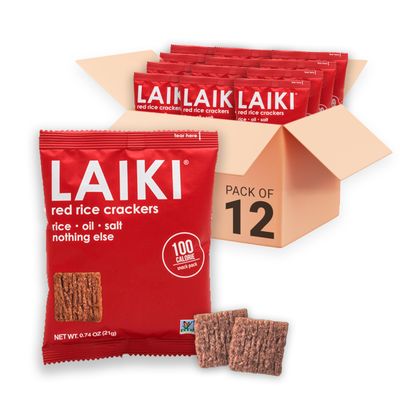LAIKI Red Rice Crackers | Gluten-free Healthy Snack | Vegan Savoury Snack | NON-GMO Certified | Tasty Snack | Diabetic Friendly | 100% Wholegrain | Clean &amp; Vegan Certified | Party Snack | Pack of 12