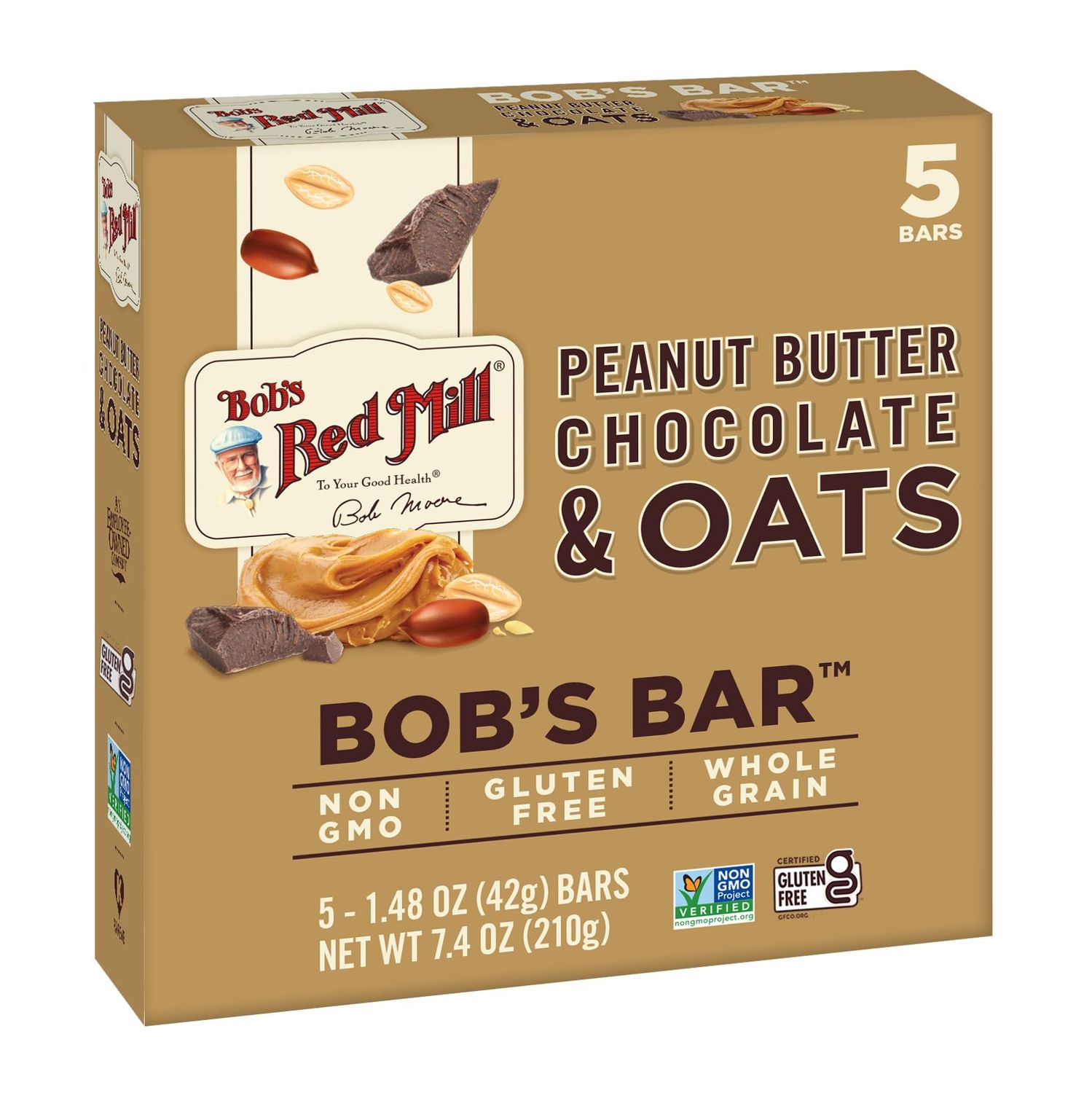 Bob&#39;s Red Mill Peanut Butter Chocolate &amp; Oats Snack Bar - 5 Bars (Pack of 1) - Gluten Free, Non-GMO, Whole Grain