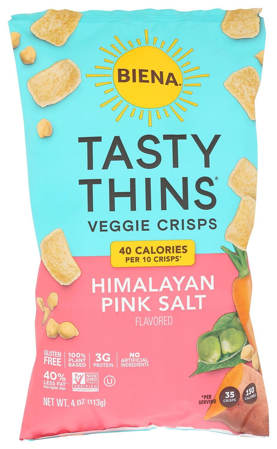 BIENA Tasty Thins Veggie Crisps - Low Calorie Veggie Chips for Adults and Kids - Individual Pack, 4 Ounce Bags - Himalayan Pink Salt