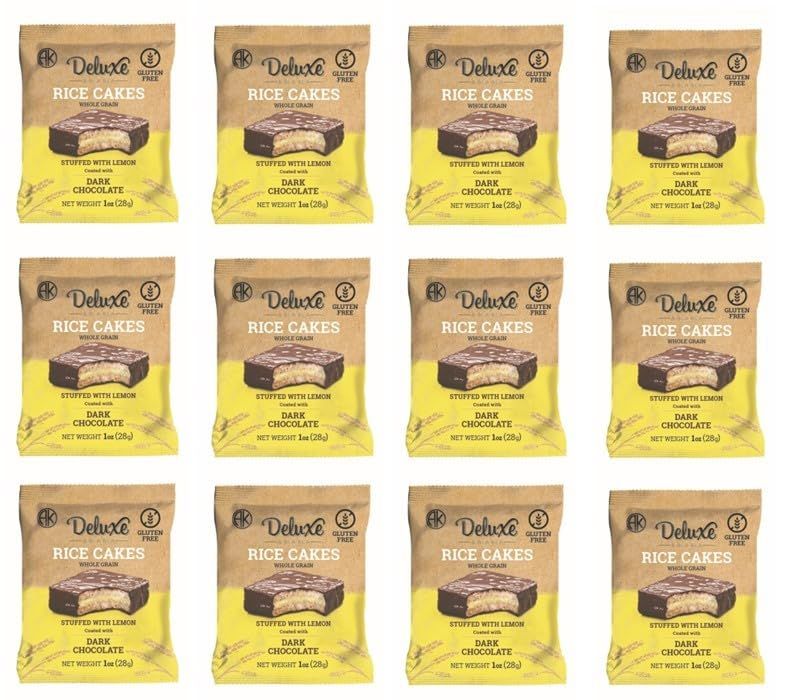 Deluxe &amp; Bla Bla Delicious Crispy Rice Cake Sandwichs Filled With Lemon and coated with Dark Chocolate (Alfajor) Kosher Certified Dairy, Gluten Free, Healthy Snacks, Low Calorie, Pack Of 12