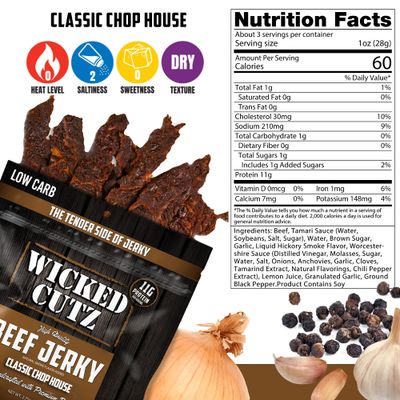 Classic Chop House Beef Jerky | Tender, Flavorful, Easy to Chew Premium Jerky with 33g Protein Per Bag, High Protein Snacks, Low Calorie Snacks, Low Carb Snacks, Healthy Snack for Adults (2 Bags)
