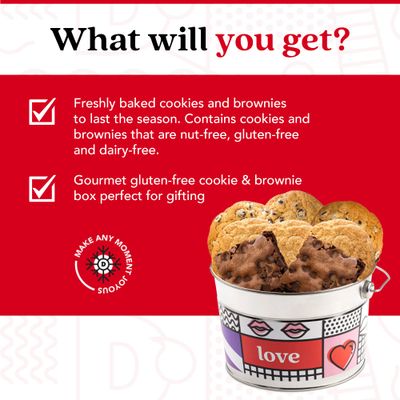 Davids Cookies Gluten Free Assorted Cookies and Brownies Bucket Sampler - Comes in a Love-Themed Decorated Bucket 1.3Lbs - Freshly Baked Gourmet Cookies Gift For Your Loved Ones (Roses Not Included)