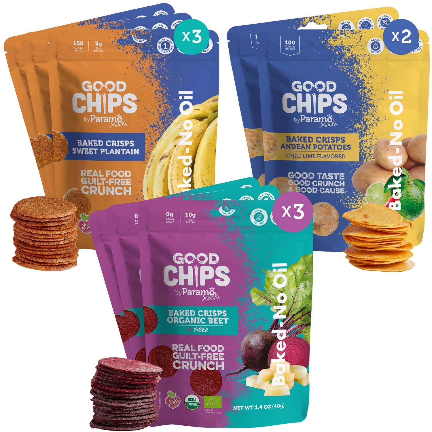 Vegan Baked Veggie Variety Snack Pack by GOOD CHIPS: Organic Beet, Sweet Plantain Maduritos, Potato Chili Lime. Oil Free, Pack of 8