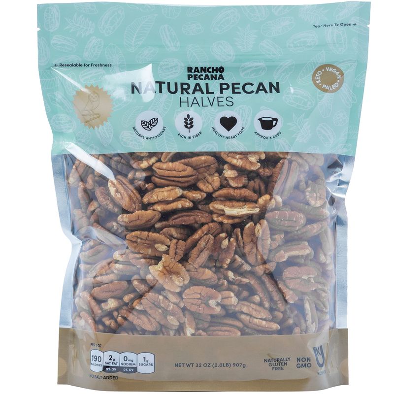 RANCHO PECANA - Natural Pecan Halves, 2 LB, Grain Free, Gluten Free, Non-GMO, Vegan Snack, Organic Nuts, Kosher, Keto, 3g Protein per 1 oz, Resealable Bag