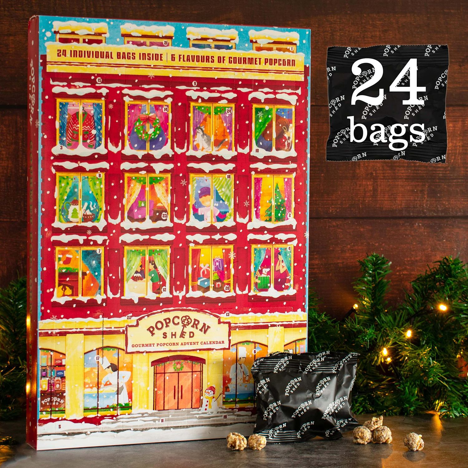 Popcorn Shed Gourmet Popcorn Christmas Advent Calendar 2024, 24 Days of Popcorn - 6 Luxury Flavors, All Natural and Vegetarian Foodie Gift, Non-Chocolate Advent Calendar, British Candy