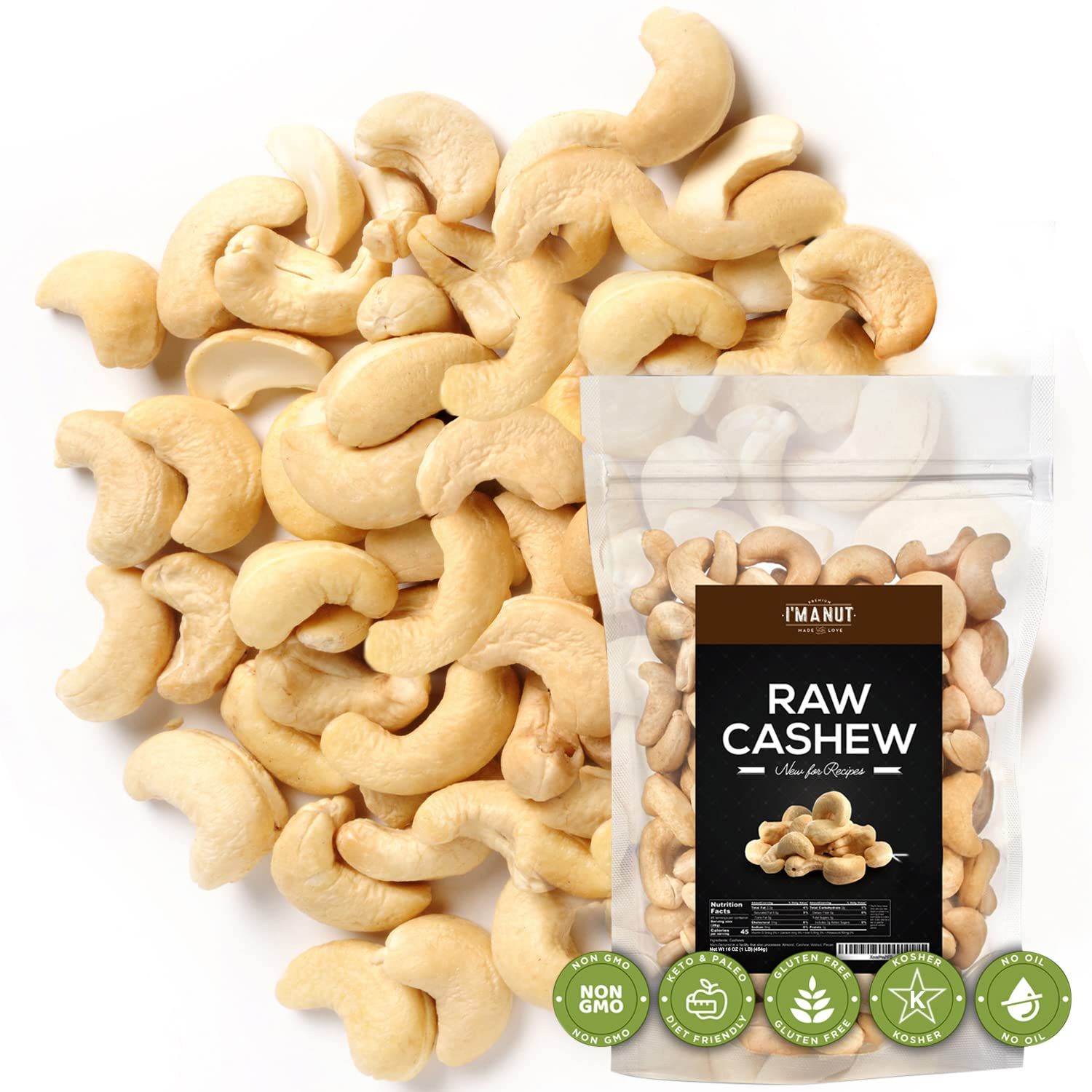 Premium Raw Cashews 16oz (1 lb.) Non-GMO, No Additives Batch Tested Gluten &amp; Peanut Free, Resealable Pouch for Freshness, Unsalted Cashews - Perfect for Pesto, Salads, Gourmet Cooking and Baking