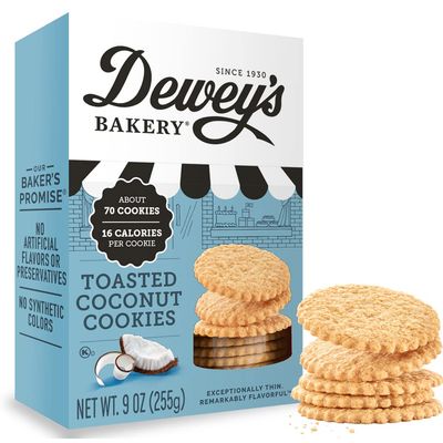 Dewey&#39;s Bakery Toasted Coconut Cookie Thins | No Artificial Flavors, Synthetic Colors or Preservatives | Baked in Small Batches | 9oz (Pack of 1)