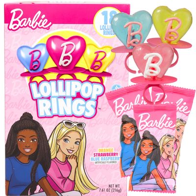 Barbie Party Favors, Individually Wrapped Lollipop Rings, Heart Shaped, Fruit Flavored Suckers, Box of 18