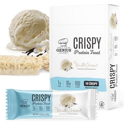 Genius Gourmet Crispy Protein Treat, Vanilla Dream, Keto Snack, Low Carb, Low Sugar &amp; Gluten Free, Protein Snacks for Adults, 10G of Whey Protein per Protein Bar, 5 Net Carbs, On The Go Snack, 10 CT