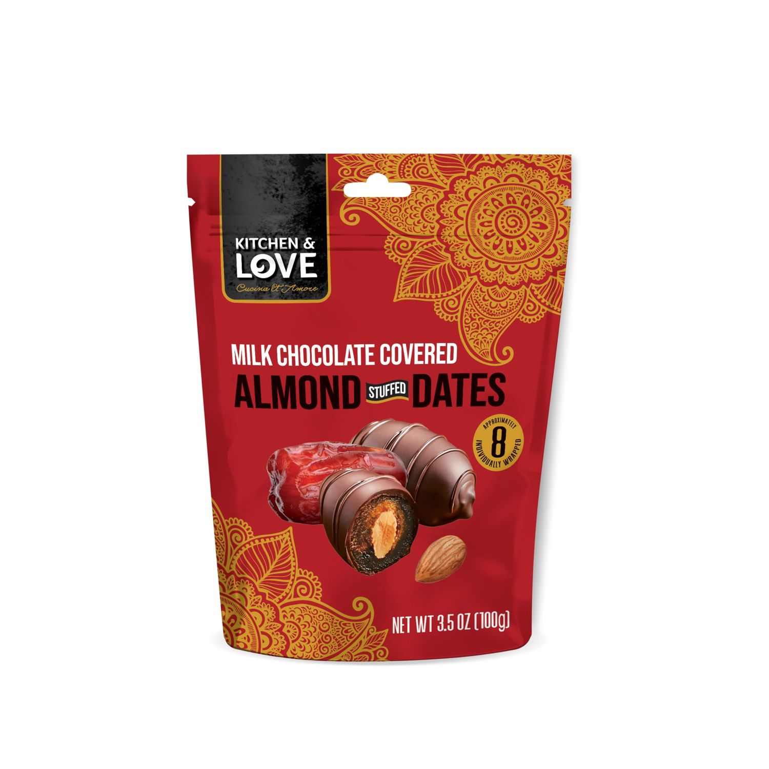 Kitchen &amp; Love Milk Chocolate Covered Almond Stuffed Dates in a Convenient Resealable Pouch, 8 Individually Wrapped Pieces, Healthy Snack, 3.5 oz pouch (Pack of 1)