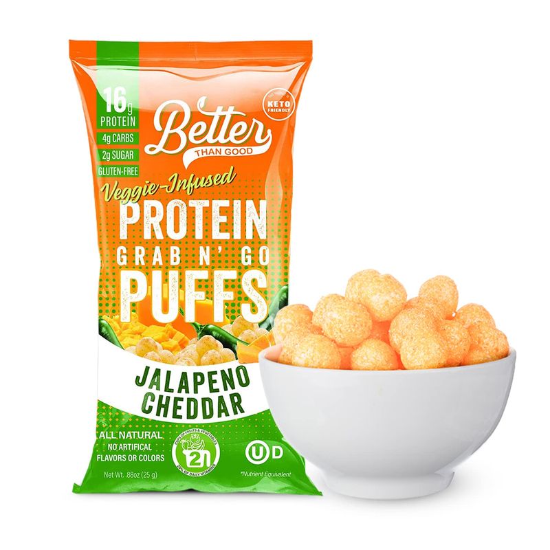 Better Than Good Savory Keto, Gluten-Free Jalapeno Cheddar Protein Puffs (4-Pack) - Paleo, Low Sugar, Low Calorie, Diabetic Friendly Snacks | 16g Protein &amp; 2 Servings of Fruits &amp; Veggies