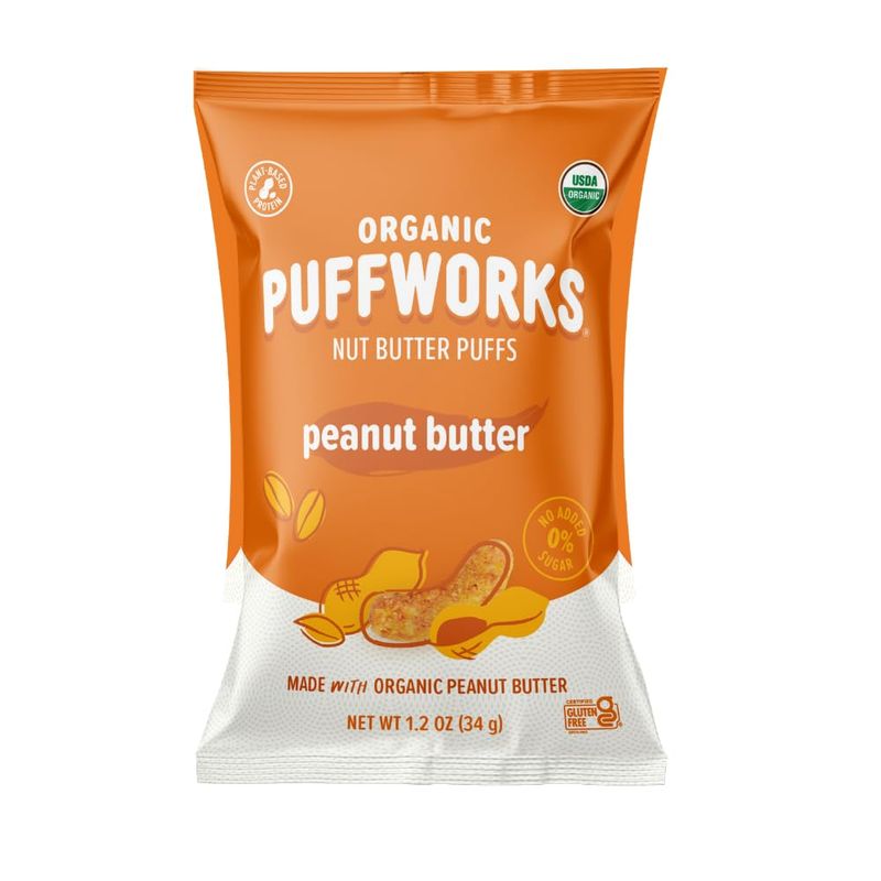 Puffworks Original Organic Peanut Butter Puffs, 1.2 Ounce (Pack of 6), Plant-Based Protein Snack, Gluten- and Rice-Free, Vegan, Kosher