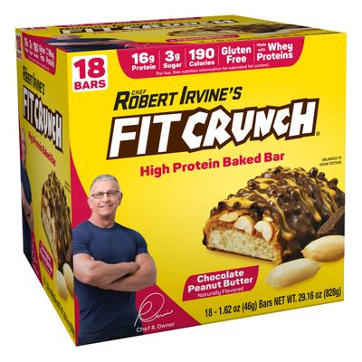 FITCRUNCH Snack Size Protein Bars, Designed by Robert Irvine, 6-Layer Baked Bar, 3g of Sugar, Gluten Free &amp; Soft Cake Core (18 Bars, Chocolate Peanut Butter)