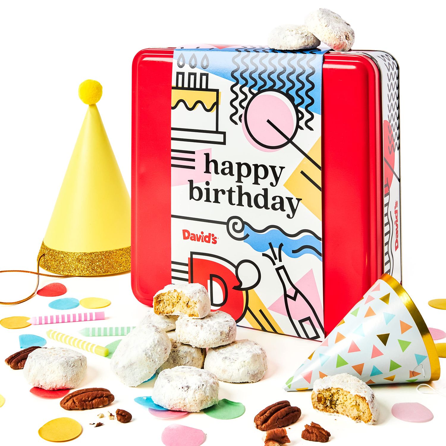 Davids Cookies Happy Birthday Gift for Everyone - 1Lb Butter Pecan Meltaways Cookies with Crunchy Pecans and Powdered Sugar - Premium Fresh Ingredients - Comes with a Lovely Birthday Themed Tin