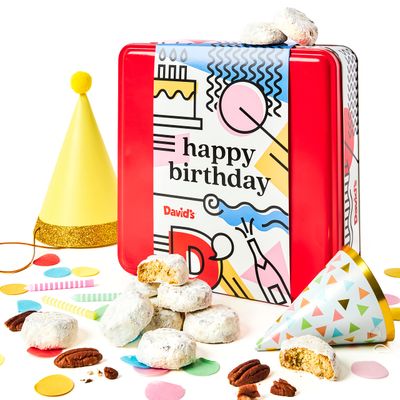 Davids Cookies Happy Birthday Gift for Everyone - 1Lb Butter Pecan Meltaways Cookies with Crunchy Pecans and Powdered Sugar - Premium Fresh Ingredients - Comes with a Lovely Birthday Themed Tin