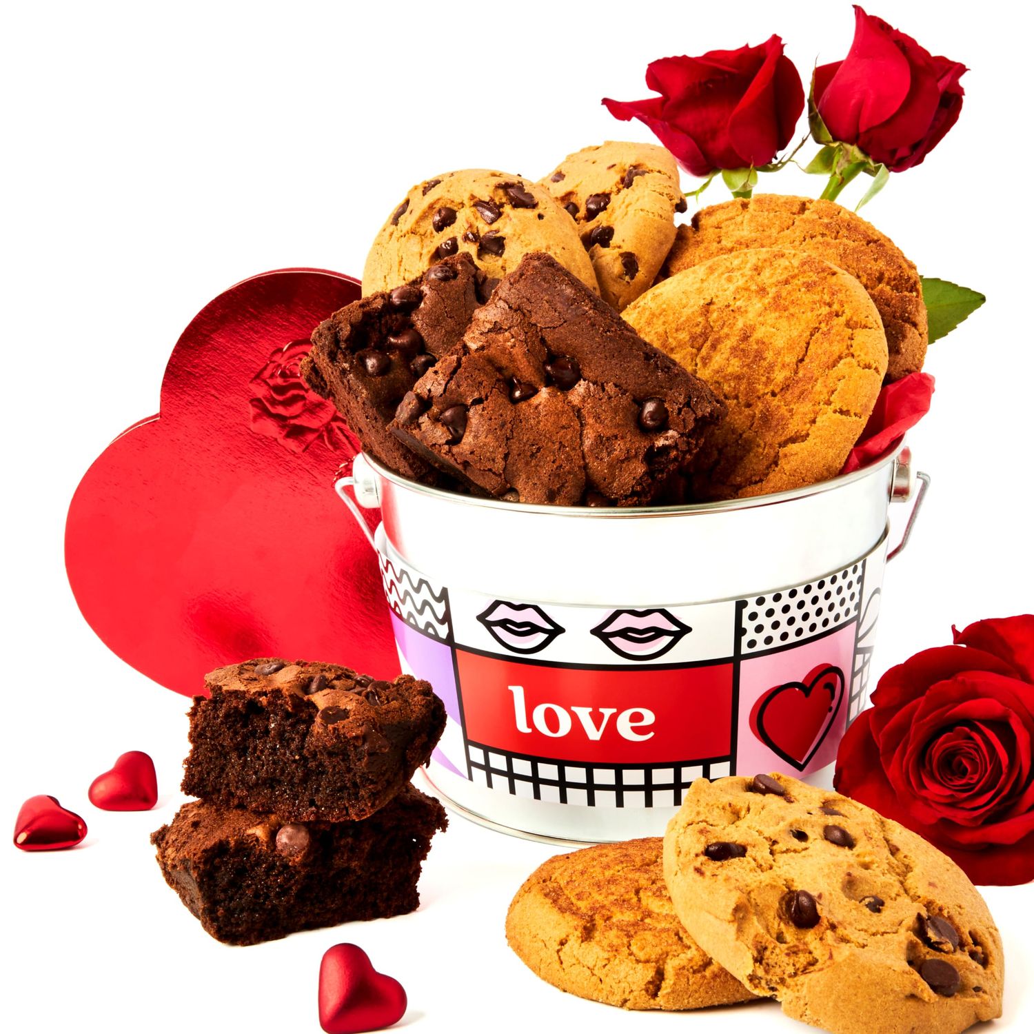 Davids Cookies Gluten Free Assorted Cookies and Brownies Bucket Sampler - Comes in a Love-Themed Decorated Bucket 1.3Lbs - Freshly Baked Gourmet Cookies Gift For Your Loved Ones (Roses Not Included)