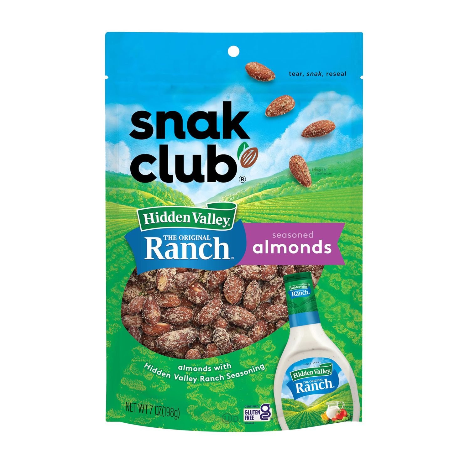 Snak Club Almonds with Hidden Valley Ranch Seasoning, Roasted Almonds, Gluten-Free and Kosher Snack, 7 oz Resealable Bag