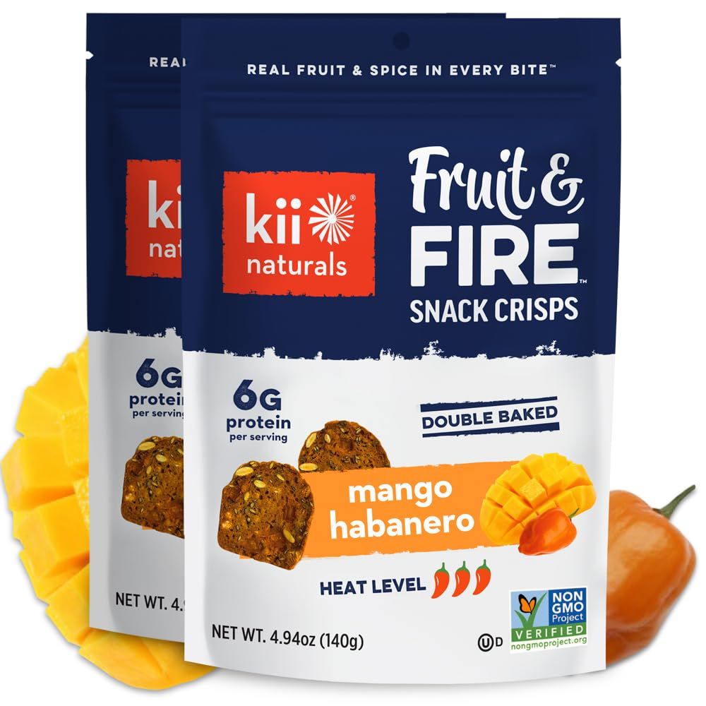 Kii Naturals Fruit &amp; Fire Snack Crisps, Healthy Snack Crackers for Cheese, Meats, Spreads, Charcuterie Boards - Non-GMO, No Preservatives, Hand-Crafted - Mango Habanero, 4.9 Ounce (Pack of 2)