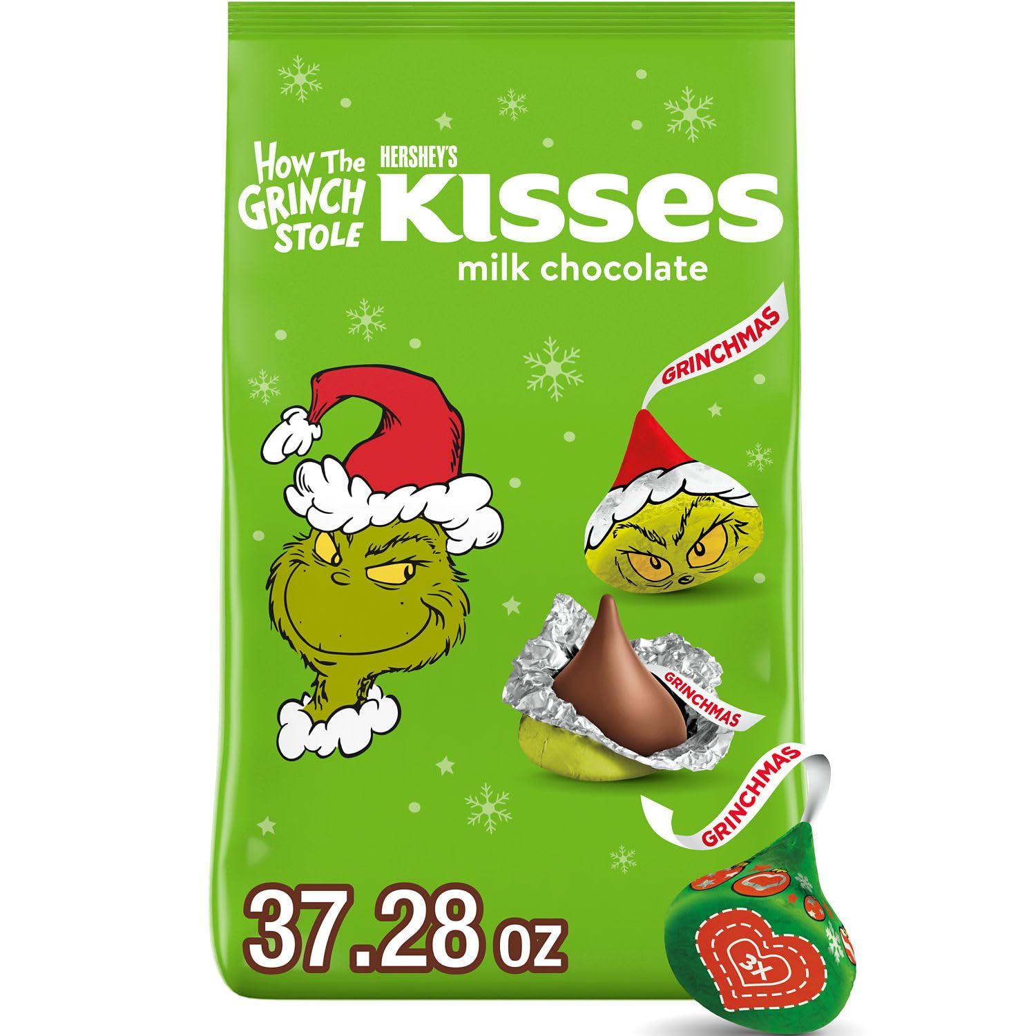 HERSHEY&#39;S KISSES Grinch Milk Chocolate, Christmas Stocking Stuffer Candy Bulk Bag, 37.28 oz