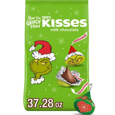 HERSHEY&#39;S KISSES Grinch Milk Chocolate, Christmas Stocking Stuffer Candy Bulk Bag, 37.28 oz