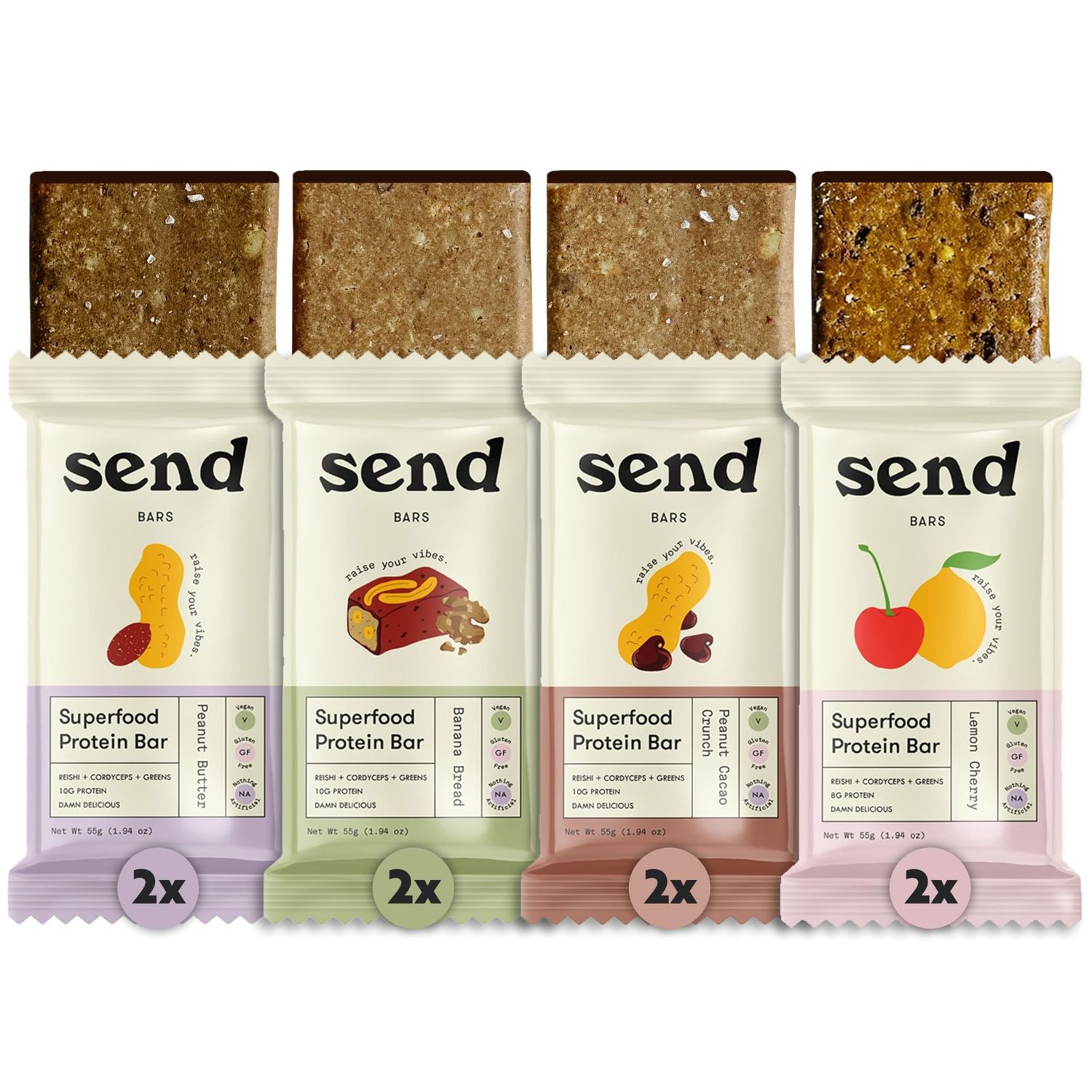 Send Bars Plant-Based Vegan Healthy Protein Bars, With Greens (The Full Send Variety Box, 8 Bars) - Lemon Cherry (x2), Peanut Butter (x2), Banana Bread (x2), Peanut Cacao Crunch (x2)