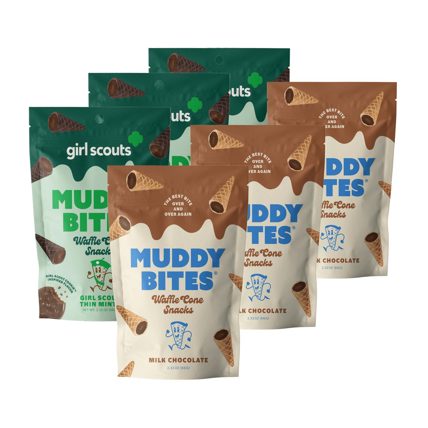 Muddy Bites Waffle Cone Snacks Bite Sized Chocolate Filled Waffle Cones for Snack or Dessert, Milk Chocolate &amp; Girl Scout Thin Mints, Made with Pure Cane Sugar, Non-GMO, Kosher (Variety Pack, 6 Bags)