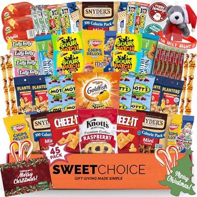 Christmas Gift Basket Care Package (45 Count) Candy Snacks Cookies Bars Chips Holiday Gift Baskets Variety Holiday Stocking Stuffer Gift Box Pack Assortment Basket Bundle Mix Of Treats College Student