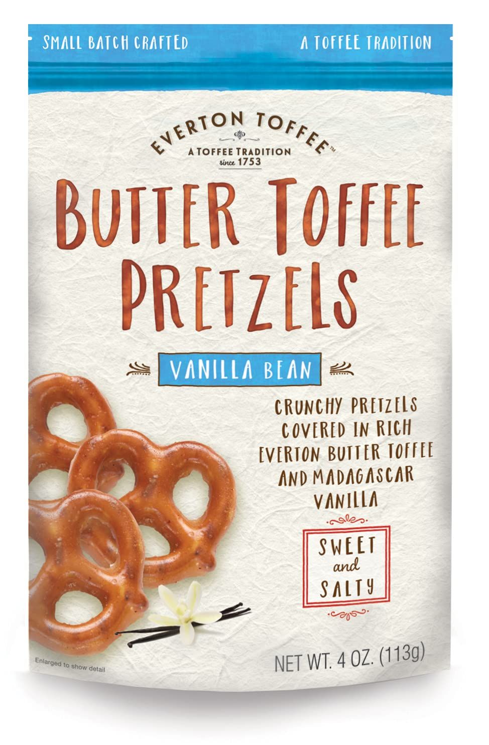 Everton Butter Toffee Pretzels, Vanilla Bean Flavor (4 oz bag, 6-pack) Gourmet Artisan Toffee Covered Pretzels, Sweet &amp; Salty Mini Pretzel Snacks, Small Batch Crafted