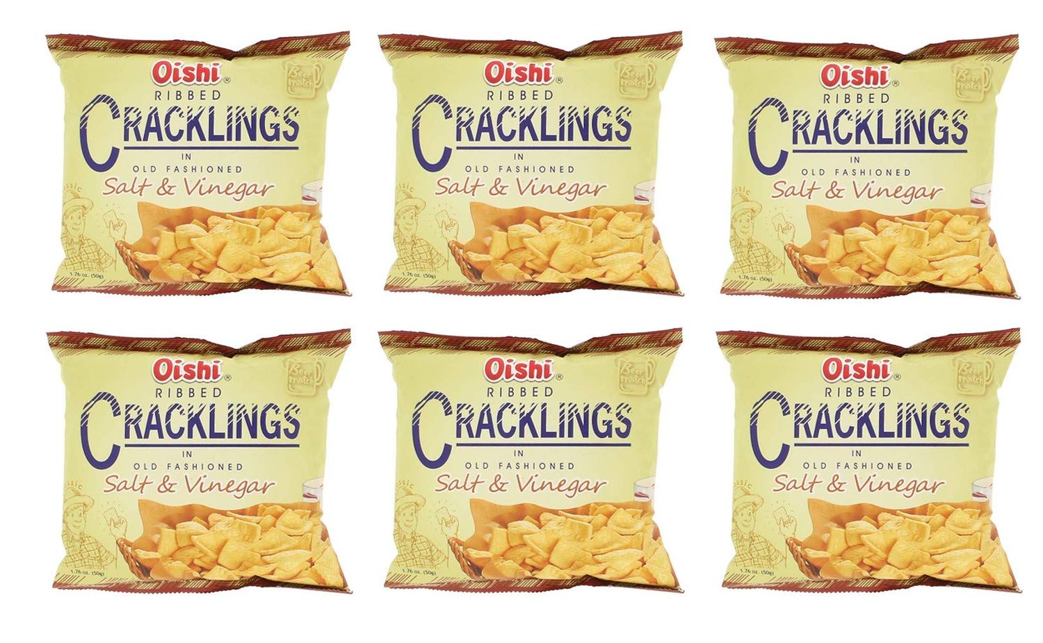 Oishi Ribbed Cracklings in Old fashioned Salt &amp; Vinegar, 50g, 6 Pack