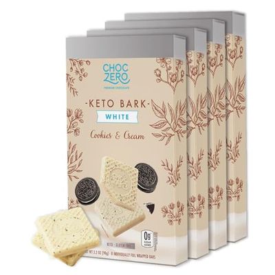 ChocZero Cookies &amp; Cream Keto Bark, White Chocolate Candy Bar, Gluten Free, Low Carb, No Added Sugar, 3.2 Ounce (Pack of 4)